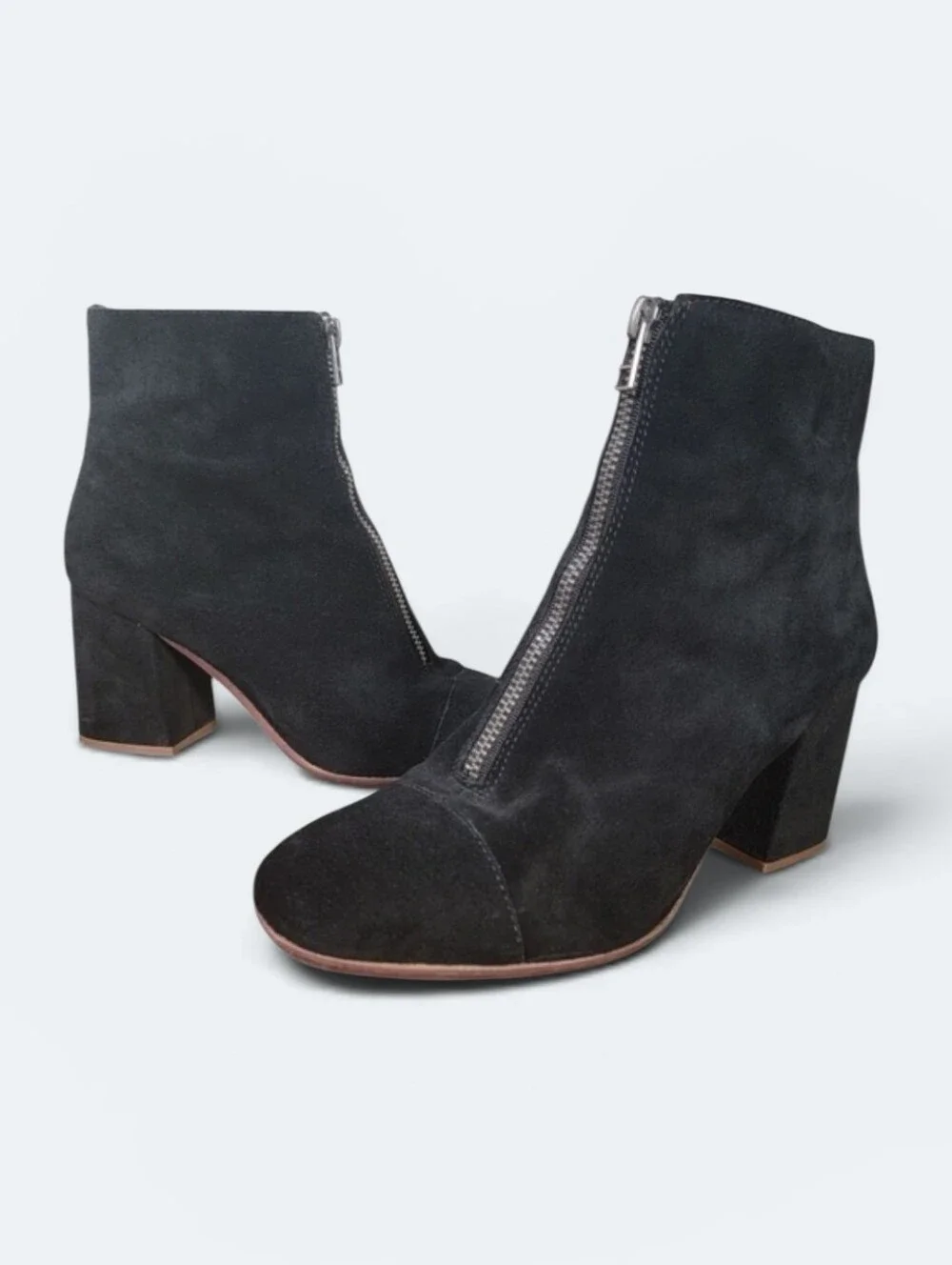 Madewell The Amalia Suede Front Zip Ankle Boots Black Size 6 Block Heel Retro